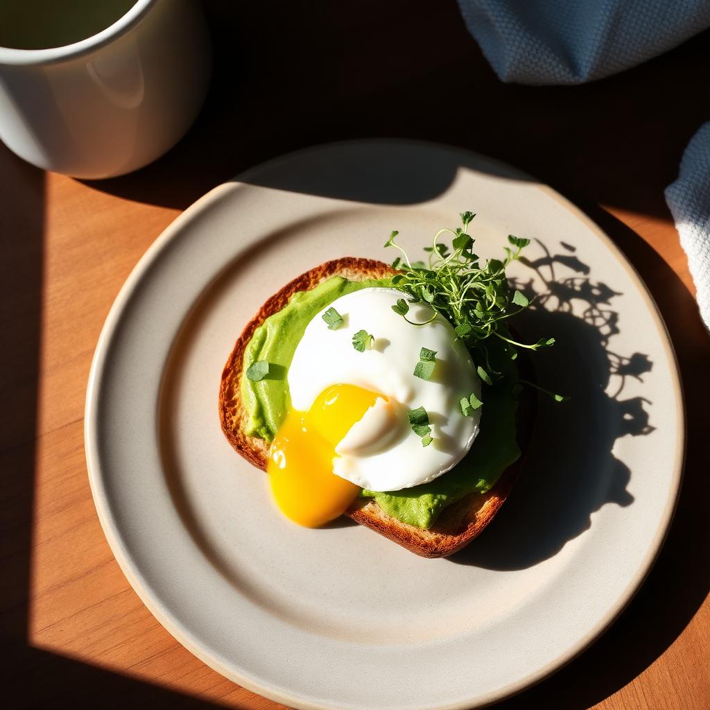 Avocado toast with poached egg on a stoneware plate