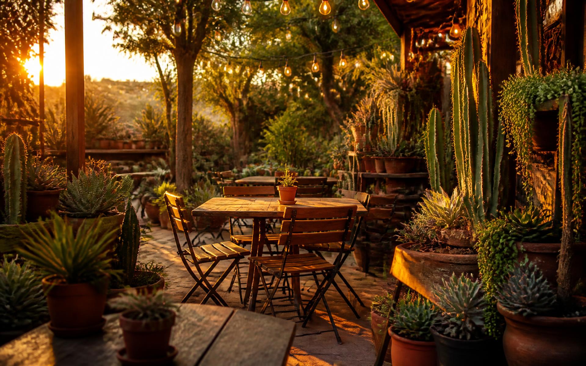 Garden cafe tables under string lights at golden hour