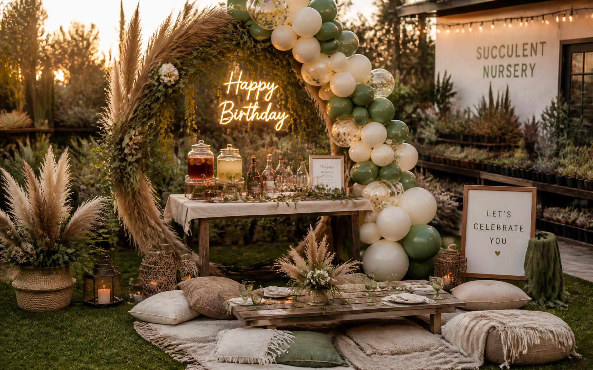 Birthday decor setup with balloon garland and greenery