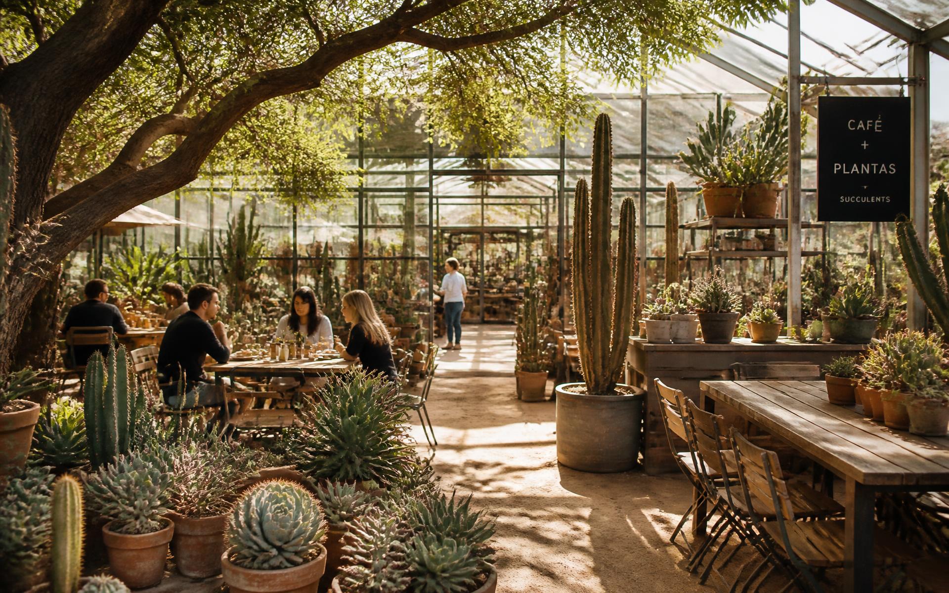 Cafe tables surrounded by potted succulents in a sunlit nursery