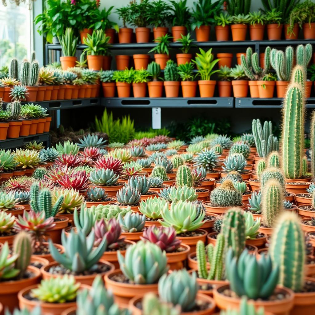 Rows of potted succulents in the nursery